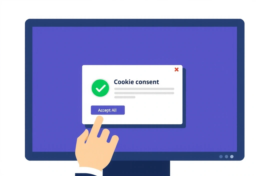 Illustration of a computer screen with cookie consent pop-up