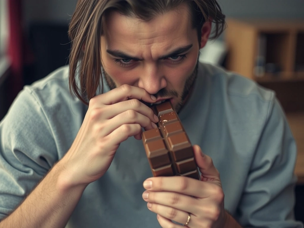 Person isst Schokolade mit schlechtem Gewissen
