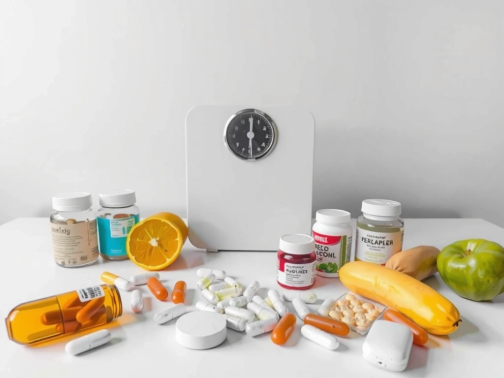 Verschiedene Diät-Pillen und Waage auf einem Tisch