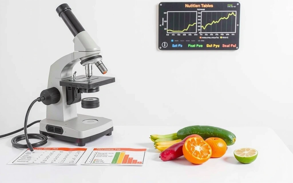Ein Mikroskop und Nährstofftabellen, die eine wissenschaftliche Analyse der Ernährung symbolisieren.
