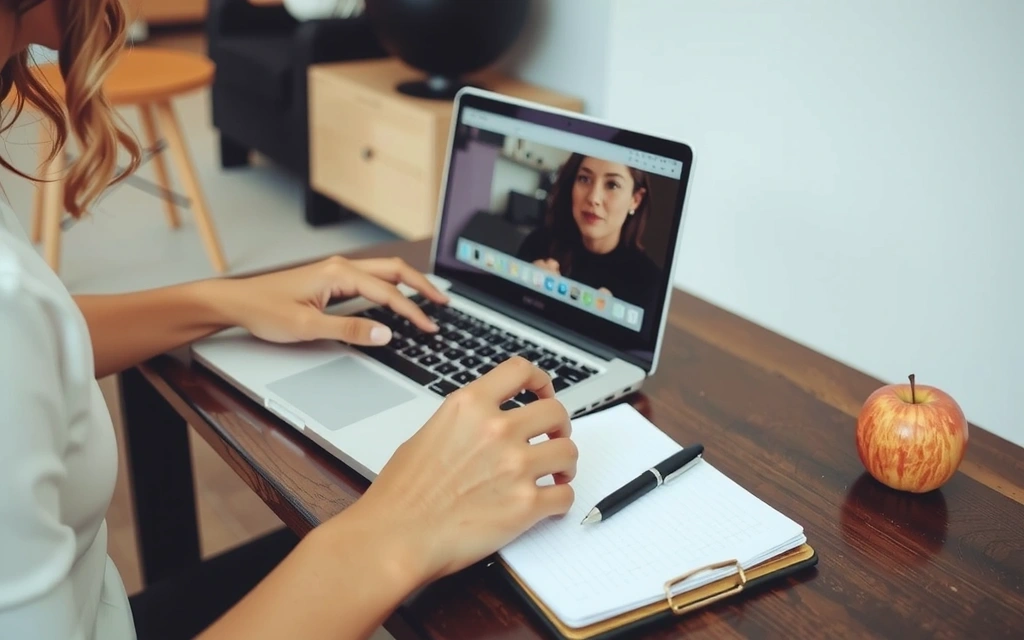 Eine Person, die über einen Laptop an einer Online-Beratung teilnimmt, mit Notizen und einem gesunden Snack in Reichweite.