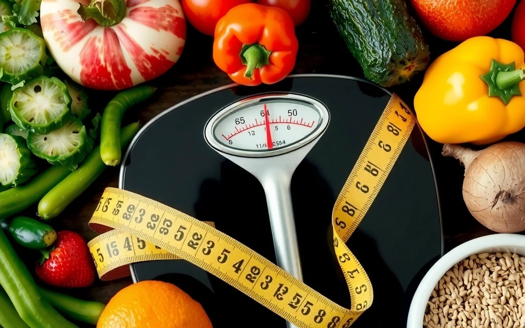 Eine Waage und ein Maßband, umgeben von gesunden Lebensmitteln, symbolisieren Gewichtsmanagement und gesunde Lebensweise.