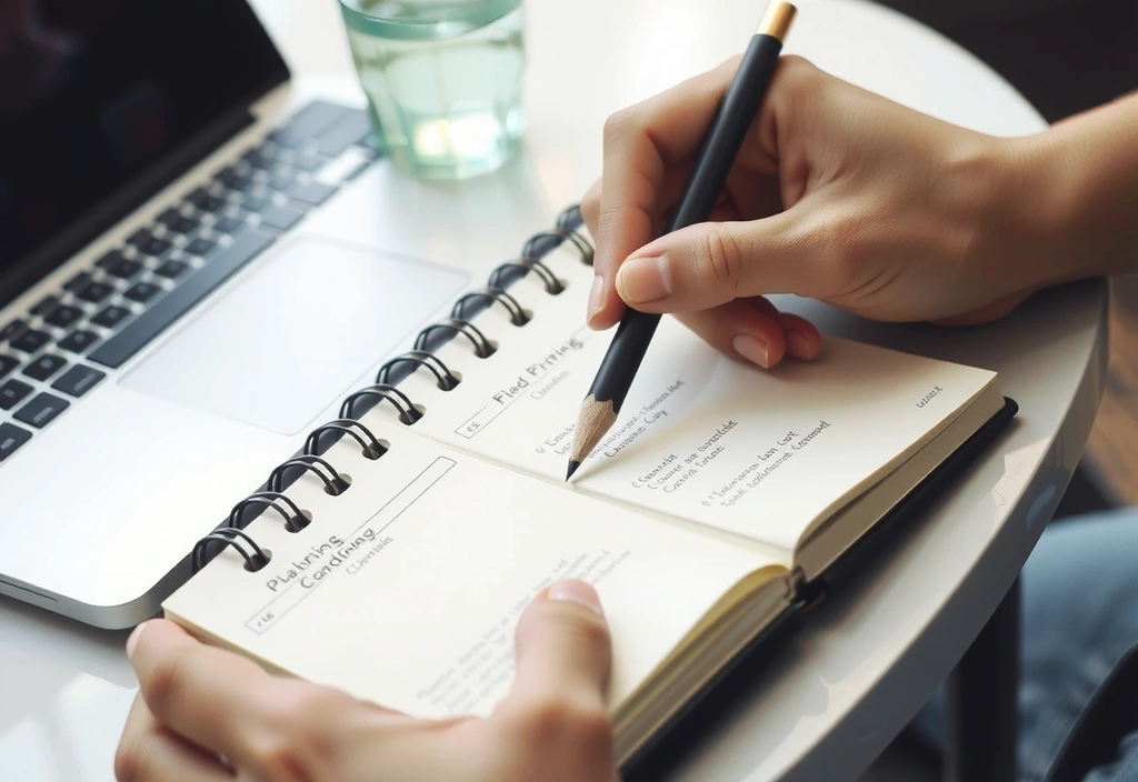 Eine Hand, die einen Bleistift hält und Notizen in einem Notizbuch macht, umgeben von einem Laptop und einem Glas Wasser.