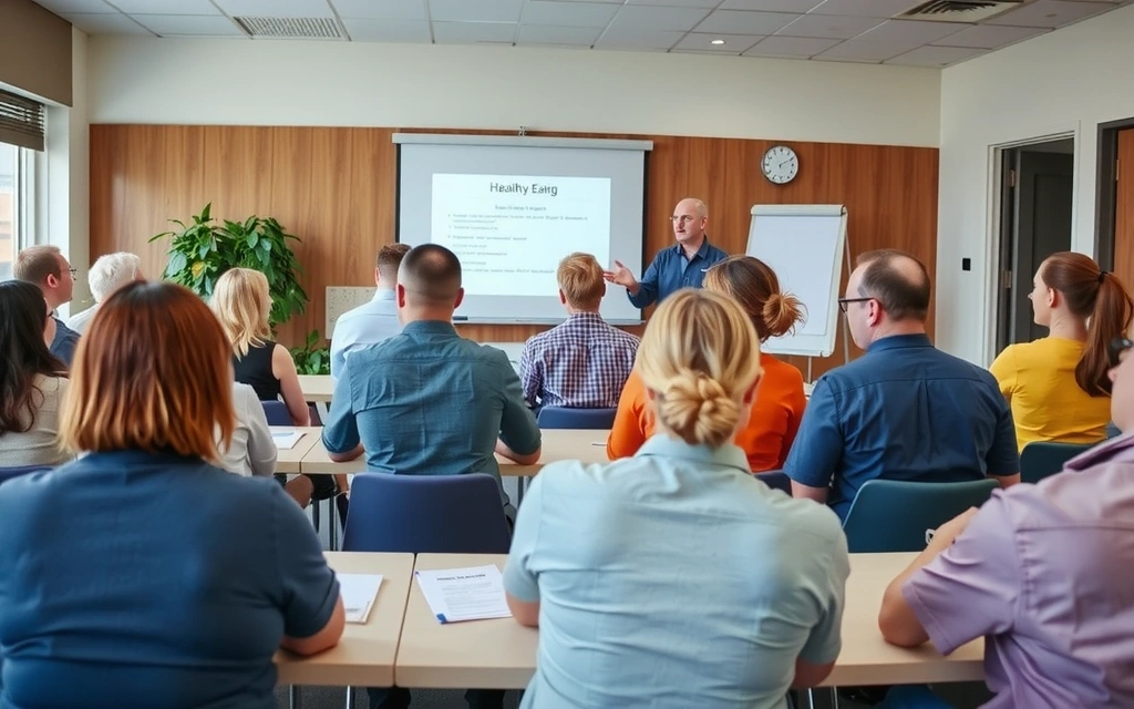 Eine Gruppe von Menschen, die einem Vortrag über gesunde Ernährung folgen, mit einem Referenten an einem Flipchart.