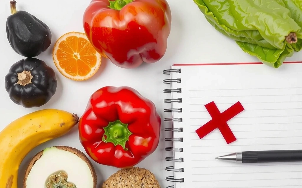 Verschiedene Nahrungsmittel, einige davon mit 'X' markiert, um Unverträglichkeiten zu symbolisieren, und ein Notizbuch für Ernährungsmanagement.