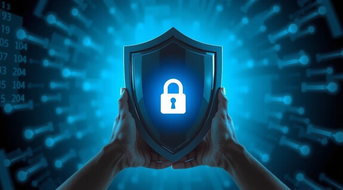 Datenschutzschild mit Schloss und Händen