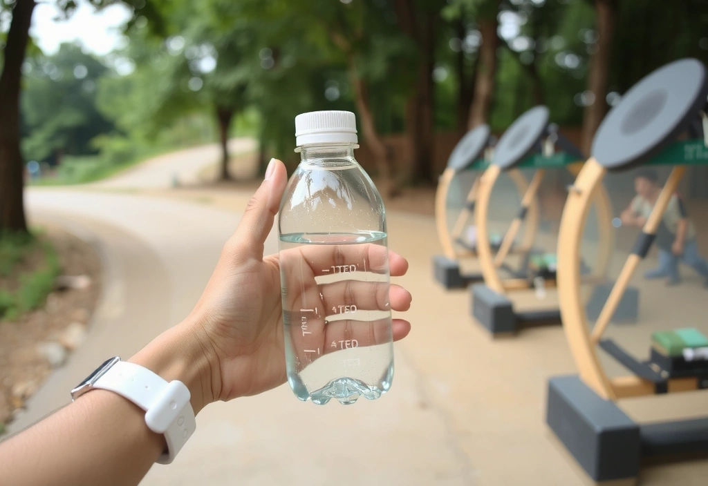 Eine Person trinkt Wasser aus einer wiederverwendbaren Flasche während eines Spaziergangs
