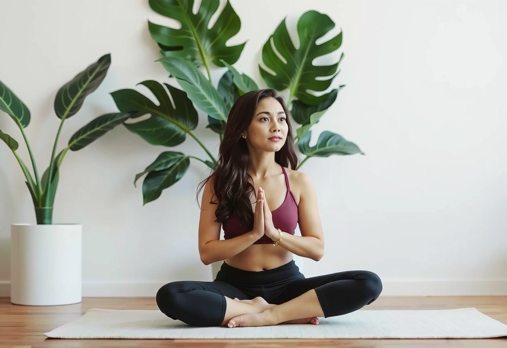 Frau macht Yoga auf einer Matte, umgeben von Pflanzen, symbolisiert Achtsamkeit