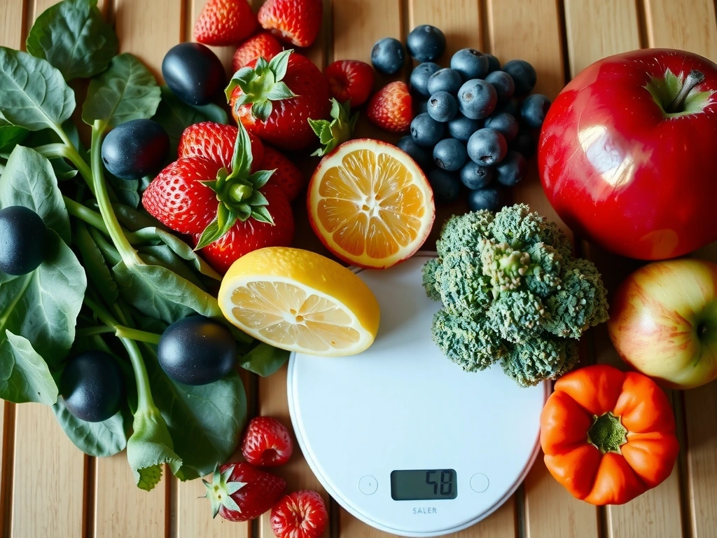 Frisches Obst, Gemüse und eine Waage symbolisieren gesunde Ernährung und Balance