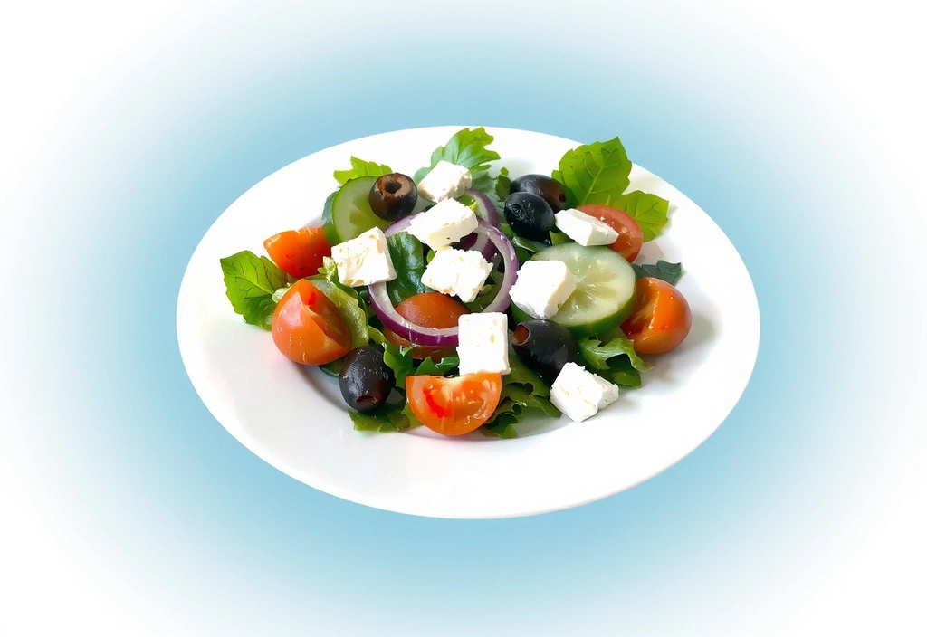 Teller mit buntem, mediterranem Salat mit Feta und Oliven