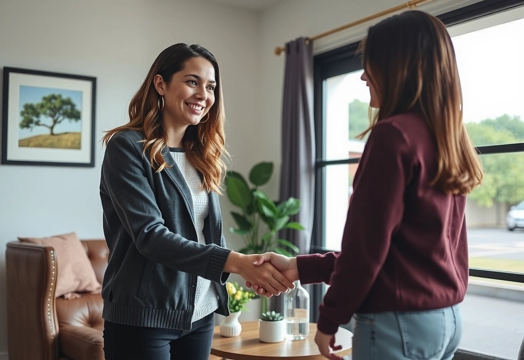 Ernährungsberaterin begrüßt Klienten in eigener Praxis