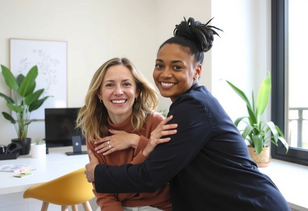 Glückliche Klientin umarmt Ernährungsberaterin