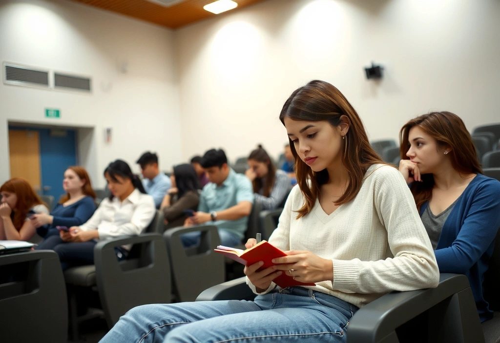 Studentin im Hörsaal mit Notizbuch